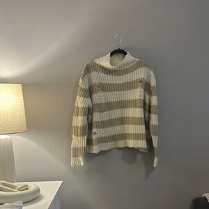 Elegant Cream and Tan Striped Women's Turtleneck Sweater